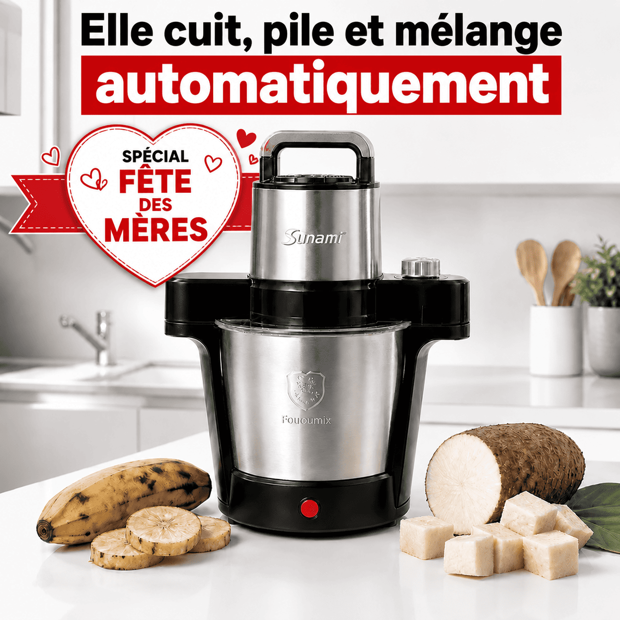 Foutoumix Triple-Action : ton foutou, placali, kabato pilé en 20 min, sans effort, avec le vrai goût maison"