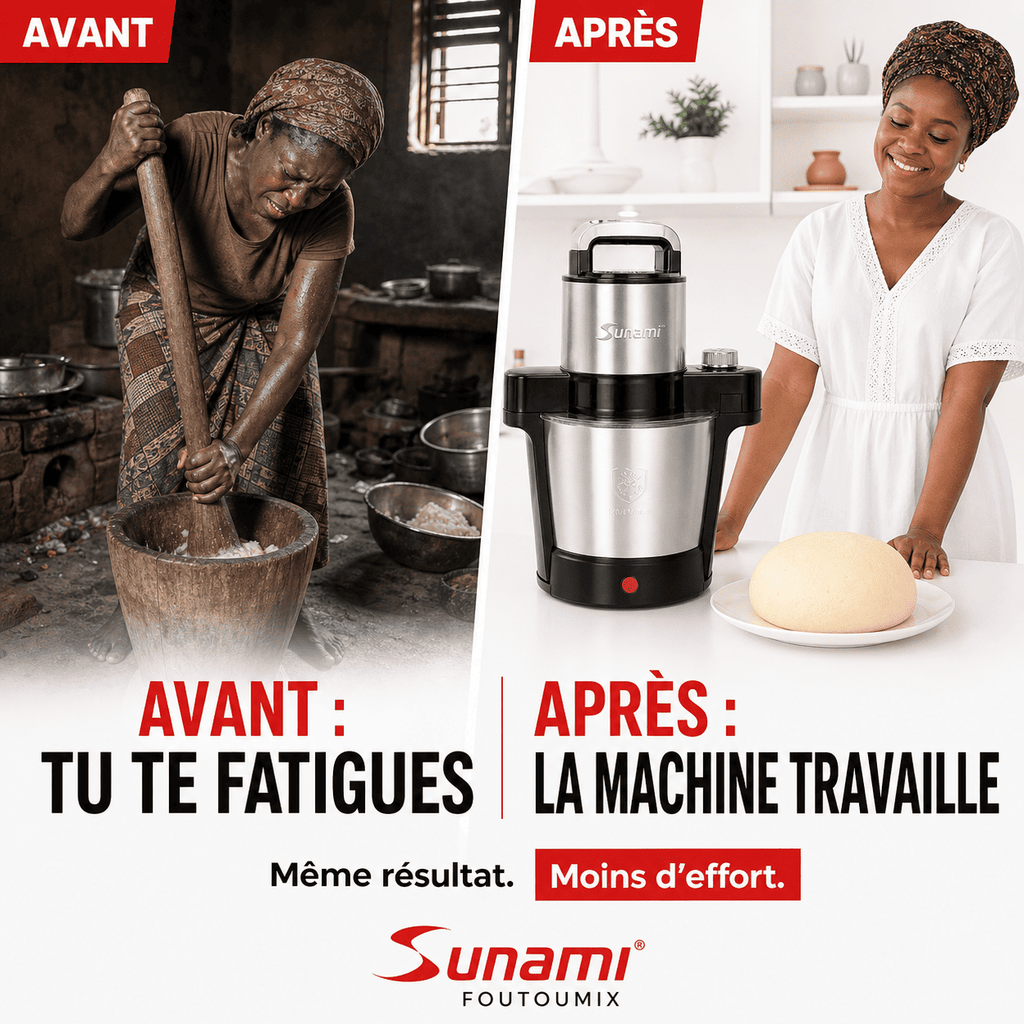 Foutoumix Triple-Action : ton foutou, placali, kabato pilé en 20 min, sans effort, avec le vrai goût maison"