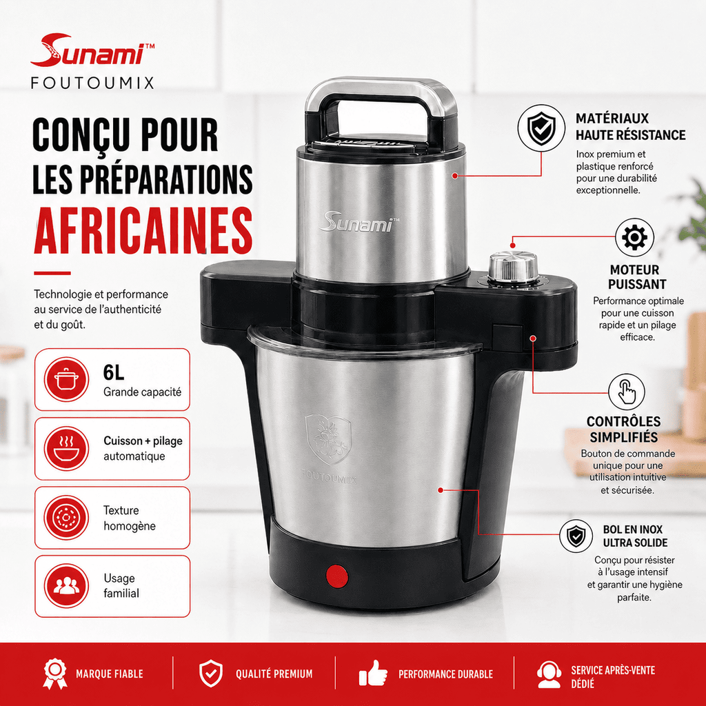 Foutoumix Triple-Action : ton foutou, placali, kabato pilé en 20 min, sans effort, avec le vrai goût maison"